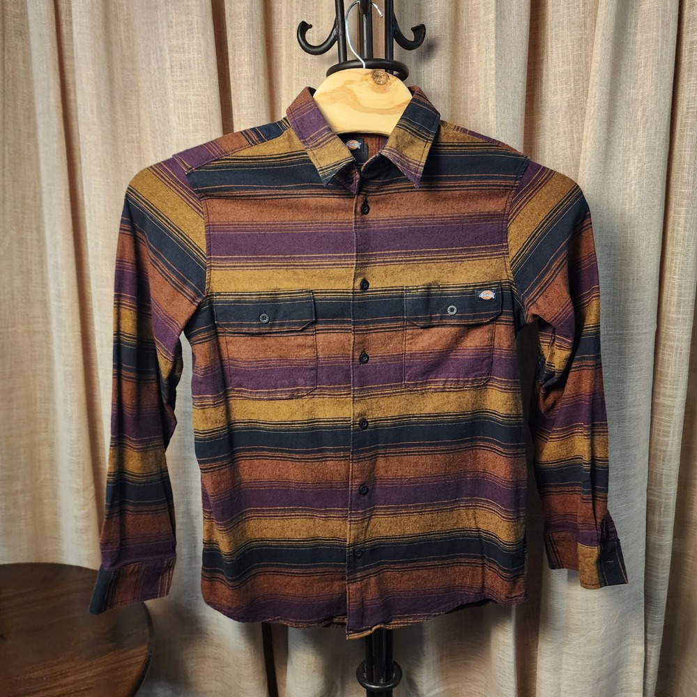 Dickies Mens Medium Multi-Color Striped Cotton Blend Stretch Flannel Shirt WL657